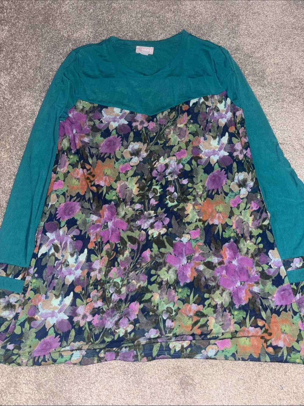 Women's Teal Floral Long-Sleeve Mesh Top